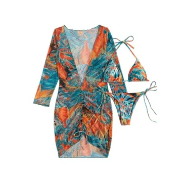 OYOANGLE Women's 3 Piece Swimsuit Set with Cover Up Dress