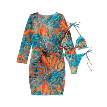 OYOANGLE Women's 3 Piece Swimsuit Set with Cover Up Dress