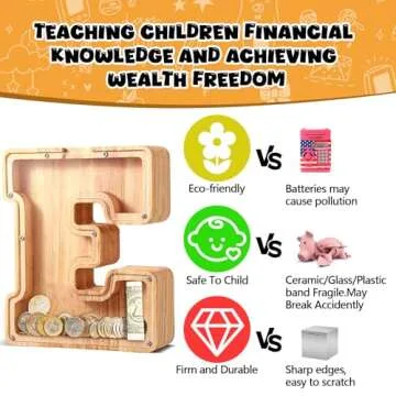 UBeesize Large Piggy Banks for Boys Girls，Twenty-Six English Alphabet,Wooden Personalized Bills and Coins Bank Money Bank,DIY Name Birthday Gift,Bedroom Living Room Decoration(E)