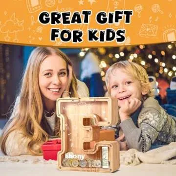 UBeesize Large Piggy Banks for Boys Girls，Twenty-Six English Alphabet,Wooden Personalized Bills and Coins Bank Money Bank,DIY Name Birthday Gift,Bedroom Living Room Decoration(E)