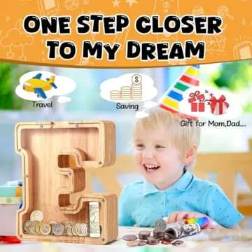 UBeesize Large Piggy Banks for Boys Girls，Twenty-Six English Alphabet,Wooden Personalized Bills and Coins Bank Money Bank,DIY Name Birthday Gift,Bedroom Living Room Decoration(E)