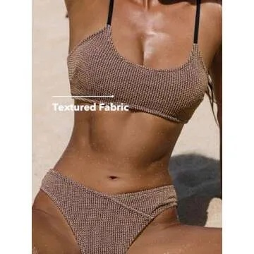 CUPSHE Women's Bikini Sets Two Piece Bathing Suit Scoop Neck Adjustable Straps Textured Cheeky V Cut Bottom, M Sienna Brown