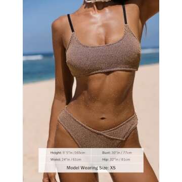 CUPSHE Women's Bikini Sets Two Piece Bathing Suit Scoop Neck Adjustable Straps Textured Cheeky V Cut Bottom, M Sienna Brown