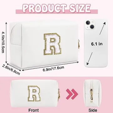 Small Travel Initial Preppy Makeup Bag, Personalized White Cute Cosmetic Organizer Chenille Letter T...