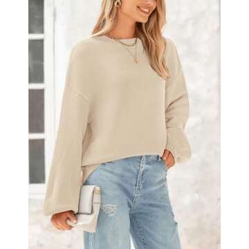 PRETTYGARDEN Women's 2024 Winter Chunky Knit Sweater Casual Long Lantern Sleeve Crewneck Pullover Jumper Tops (Beige,Small)