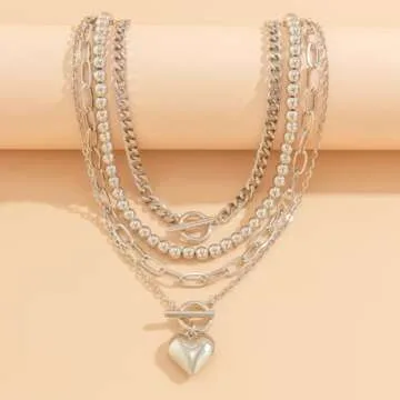 Sora Tuki Layered Necklace Silver Heart Necklaces for Women Chunky Silver Necklace Trendy Big Heart Pendant Necklace Puffy Heart Necklace Large Heart Necklace Silver Chunky Jewelry