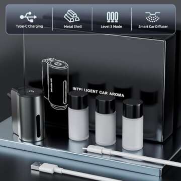 Smart Car Air Freshener,2024 New Automatic Car Air Diffuser&Freshener Three Adjusts,Intelligent Car Aroma Fresheners Diffuser Metal Case/Rechargeable(3Bottle Fragrance Included) (Black)