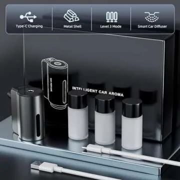 Smart Car Air Freshener,2024 New Automatic Car Air Diffuser&Freshener Three Adjusts,Intelligent Car Aroma Fresheners Diffuser Metal Case/Rechargeable(3Bottle Fragrance Included) (Black)