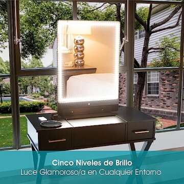 Riki Tall Vanity Mirror with HD LED Lights, Remote Lighting and Smartphone Control, Advanced High-CRI Glass, USB Charging, and Magnetic 5X Magnifying Mirror (Black)