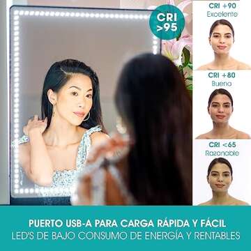 Riki Tall Vanity Mirror with HD LED Lights, Remote Lighting and Smartphone Control, Advanced High-CRI Glass, USB Charging, and Magnetic 5X Magnifying Mirror (Black)