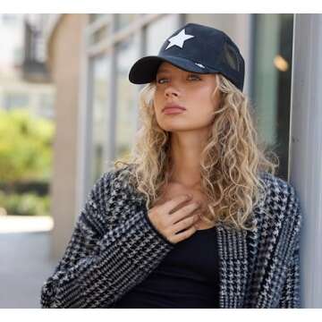 Vintage Havana Basic 7 Black Trucker Hat with White Cracked Leather Star - Adjustable Snapback for M...