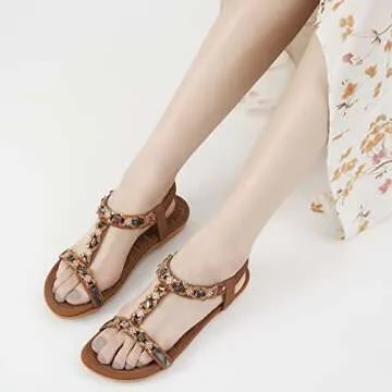 Almusen Flat Sandals for Women with Comfortable Elastic Ankle Strap Rhinestone Womens Sandals Casual Outdoor Beach Summer Shoes