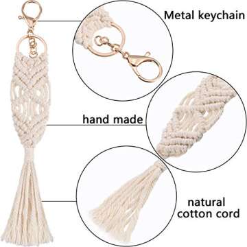 Syhood 4 Pieces Mini Macrame Keychains Boho Macrame Bag Charms with Tassels Handcrafted Accessory for Car Key Purse Phone Supplies, Beige