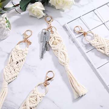 Syhood 4 Pieces Mini Macrame Keychains Boho Macrame Bag Charms with Tassels Handcrafted Accessory for Car Key Purse Phone Supplies, Beige