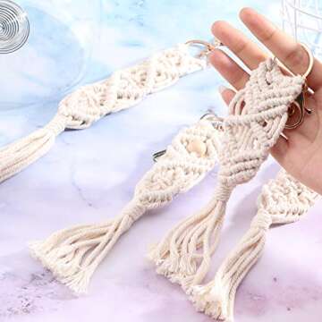 Syhood 4 Pieces Mini Macrame Keychains Boho Macrame Bag Charms with Tassels Handcrafted Accessory for Car Key Purse Phone Supplies, Beige