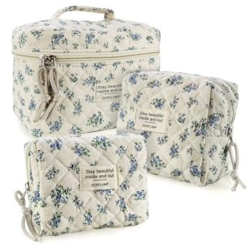 ZERFLUMP Cute Quilted Floral Makeup Bag Set - Stylish Travel Cosmetic Pouches (Set of 3)