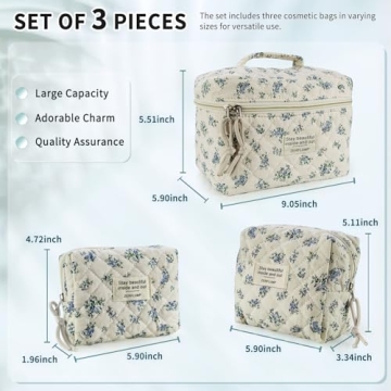 Stylish ZERFLUMP Quilted Floral Makeup Bag Set for Women