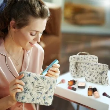 Stylish ZERFLUMP Quilted Floral Makeup Bag Set for Women