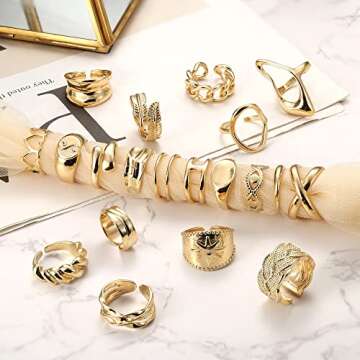FIBO STEEL 20 Pcs Gold Chunky Rings for Women 18K Gold Plated Ring Set Dome Thick Open Rings Adjusta...