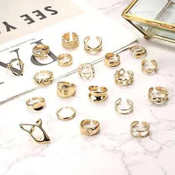 FIBO STEEL 20 Pcs Gold Chunky Rings for Women 18K Gold Plated Ring Set Dome Thick Open Rings Adjustable