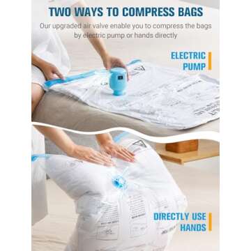 Vacuum Storage Bags with Electric Pump, New Air Valve Combo 32 Pack Vacuum Space Saver Bag, Vacuum Sealer Bags for Clothes, Clothing, Pillows, Comforters, Blankets, Quilt, Travel, Two Compressing Ways