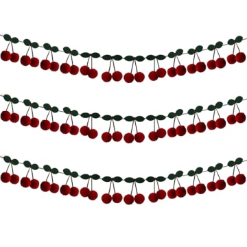 3 Pack Cherry Garland Decoration Felt Cherries Birthday Garland Banner DIY Fruit Hanging Decorations...