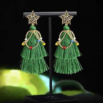 Handmade Lightweight Green Christmas Tree Tassel Beaded Snowflake Stud Earrings Bohemian Bell Dangle...