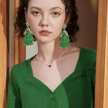 Handmade Lightweight Green Christmas Tree Tassel Beaded Snowflake Stud Earrings Bohemian Bell Dangle Drop Earrings Twined with Colored Beads Bell Earring for Women Jewelry Gift (Green 3)