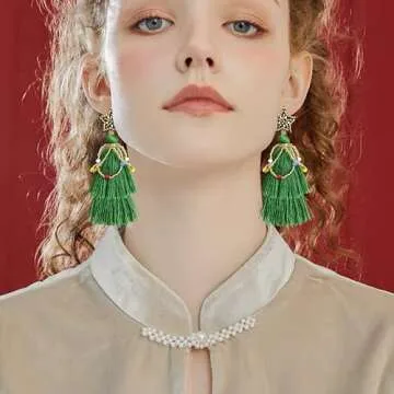 Handmade Lightweight Green Christmas Tree Tassel Beaded Snowflake Stud Earrings Bohemian Bell Dangle Drop Earrings Twined with Colored Beads Bell Earring for Women Jewelry Gift (Green 3)