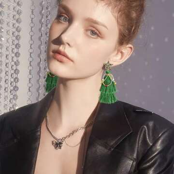 Handmade Lightweight Green Christmas Tree Tassel Beaded Snowflake Stud Earrings Bohemian Bell Dangle Drop Earrings Twined with Colored Beads Bell Earring for Women Jewelry Gift (Green 3)