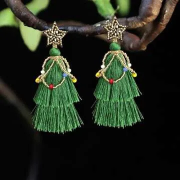 Handmade Lightweight Green Christmas Tree Tassel Beaded Snowflake Stud Earrings Bohemian Bell Dangle Drop Earrings Twined with Colored Beads Bell Earring for Women Jewelry Gift (Green 3)
