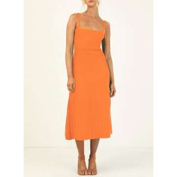 ARTFREE Womens Ribbed Knit Summer Maxi Dresses Tie Straps Square Neck Party Long Dress Orange XL