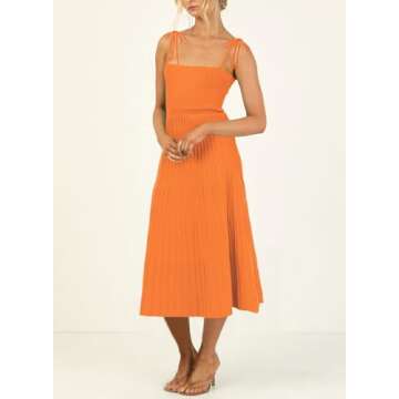 ARTFREE Womens Ribbed Knit Summer Maxi Dresses Tie Straps Square Neck Party Long Dress Orange XL