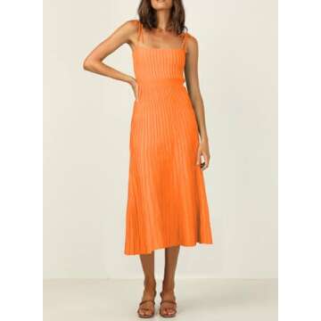 ARTFREE Womens Ribbed Knit Summer Maxi Dresses Tie Straps Square Neck Party Long Dress Orange XL