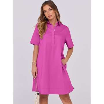 ANRABESS Womens Shirt Dress Summer Casual Loose Short Sleeve Button Down Oversized Flowy Beach Mini Dresses with Pockets Hot Pink X-Large