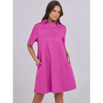 ANRABESS Womens Shirt Dress Summer Casual Loose Short Sleeve Button Down Oversized Flowy Beach Mini Dresses with Pockets Hot Pink X-Large