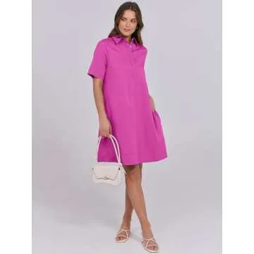 ANRABESS Womens Shirt Dress Summer Casual Loose Short Sleeve Button Down Oversized Flowy Beach Mini Dresses with Pockets Hot Pink X-Large