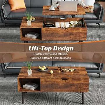 Sweetcrispy Coffee Table Brown, Lift Top Coffee Tables for Living Room, Small Rising Wooden Dining Center Tables with Storage Shelf and Hidden Compartment