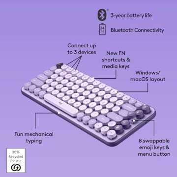 Logitech POP Keys Mechanical Wireless Keyboard with Customizable Emoji Keys, Durable Compact Design, Bluetooth or USB Connectivity, Multi-Device, OS Compatible - Cosmos