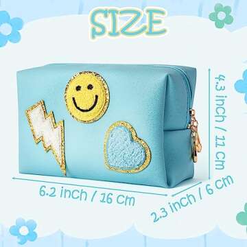 LieToi Preppy Patch Small Toiletry Bag, Smile Lightning Heart PU Leather Portable Waterproof Makeup ...