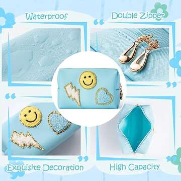 LieToi Preppy Patch Small Toiletry Bag, Smile Lightning Heart PU Leather Portable Waterproof Makeup Cosmetic Bag Daily Use Storage Purse Travel Organizer Compliant Bag for Women Girls (Canal Blue)
