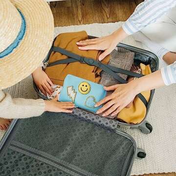 LieToi Preppy Patch Small Toiletry Bag, Smile Lightning Heart PU Leather Portable Waterproof Makeup Cosmetic Bag Daily Use Storage Purse Travel Organizer Compliant Bag for Women Girls (Canal Blue)