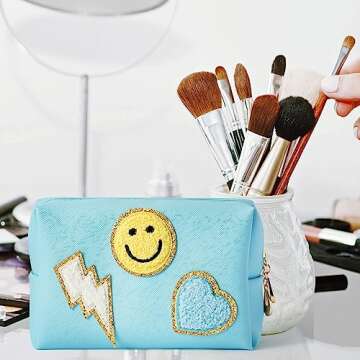 LieToi Preppy Patch Small Toiletry Bag, Smile Lightning Heart PU Leather Portable Waterproof Makeup Cosmetic Bag Daily Use Storage Purse Travel Organizer Compliant Bag for Women Girls (Canal Blue)