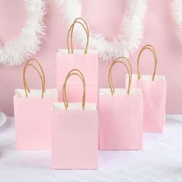 DjinnGlory 60 Pack Mini Pink Paper Bags with Handles Bulk 6.3x4.7x2.75 Inch for Birthday Wedding Bab...