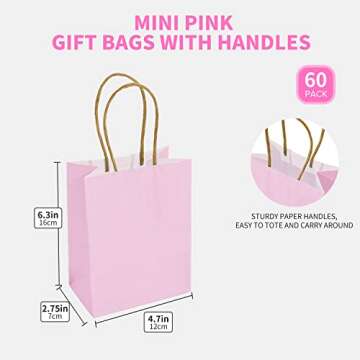 DjinnGlory 60 Pack Mini Pink Paper Bags with Handles Bulk 6.3x4.7x2.75 Inch for Birthday Wedding Baby Shower Party Favors, Treats, Goodies, Christmas Gifts, Tiny Small Business Bags