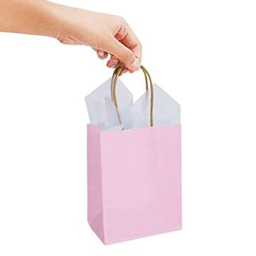 DjinnGlory 60 Pack Mini Pink Paper Bags with Handles Bulk 6.3x4.7x2.75 Inch for Birthday Wedding Baby Shower Party Favors, Treats, Goodies, Christmas Gifts, Tiny Small Business Bags
