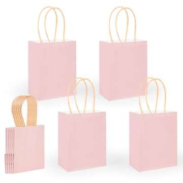 DjinnGlory 60 Pack Mini Pink Paper Bags with Handles Bulk 6.3x4.7x2.75 Inch for Birthday Wedding Baby Shower Party Favors, Treats, Goodies, Christmas Gifts, Tiny Small Business Bags