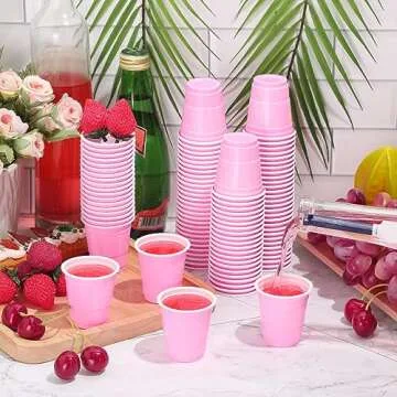 Roshtia 100 Pack 2 oz St.Patrick’s Day Plastic Shot Cups, Mini Disposable Shot Glasses 2 oz Small Plastic Cups for Wedding Party, Beer Taste Serving, Snacks(Pink)