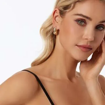 Chunky Hoop Earrings for Women - Lightweight Teardrop Hoops Earrings with 18K Gold Plated Hypoallergenic Earrings Waterdrop Thick Hoops Earrings Big Simple, gold plated, No Gemstone