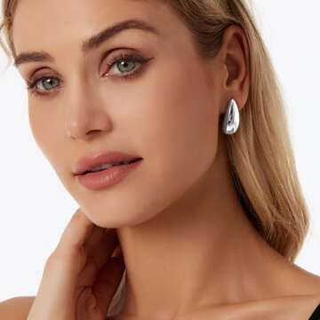 Chunky Hoop Earrings for Women - Lightweight Teardrop Hoops Earrings with 18K Gold Plated Hypoallergenic Earrings Waterdrop Thick Hoops Earrings Big Simple, gold plated, No Gemstone
